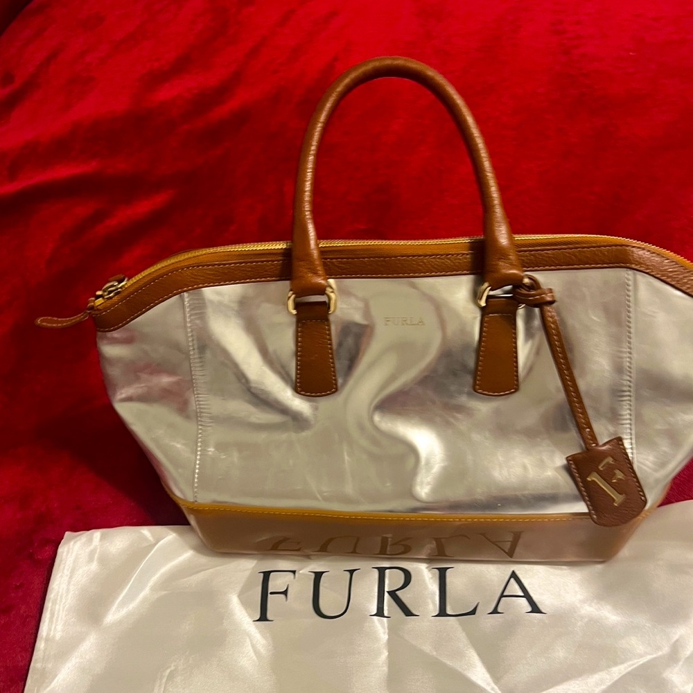 Authentic FURLA - Silver  Brown Patent Leather Rubber Handbag- As Is.